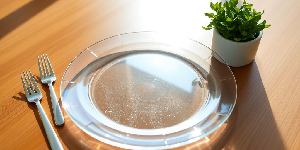 Assiette en cristal sur table contemporaine.