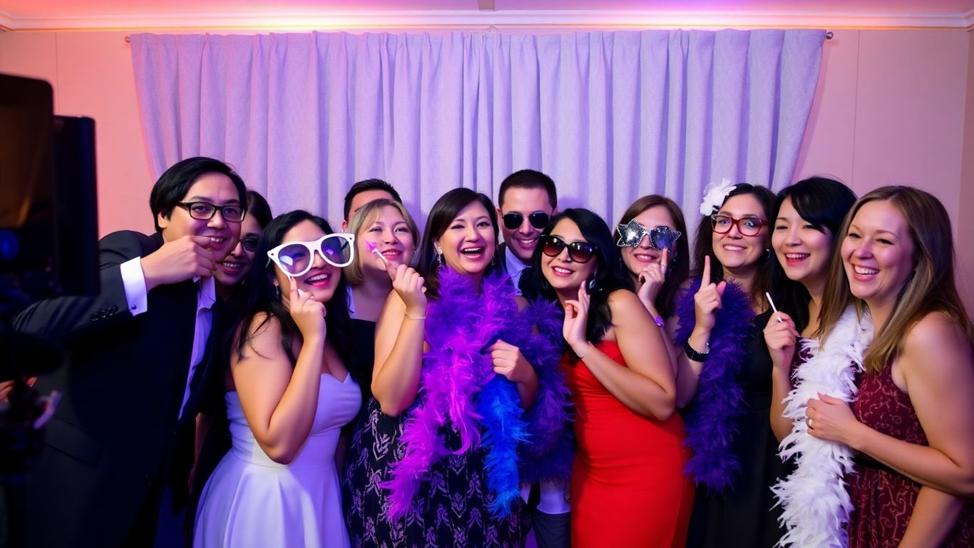 Invités souriants dans une cabine photo de mariage avec des accessoires.