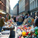Vide-greniers animé à Bruxelles avec objets divers.