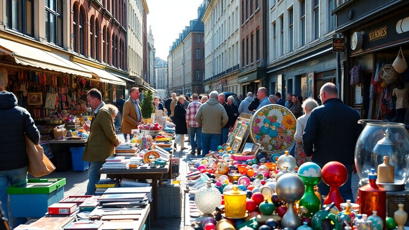 Vide-greniers animé à Bruxelles avec objets divers.