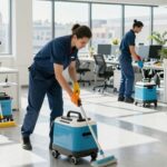 Marseille cleaning team working in a bright, modern office.