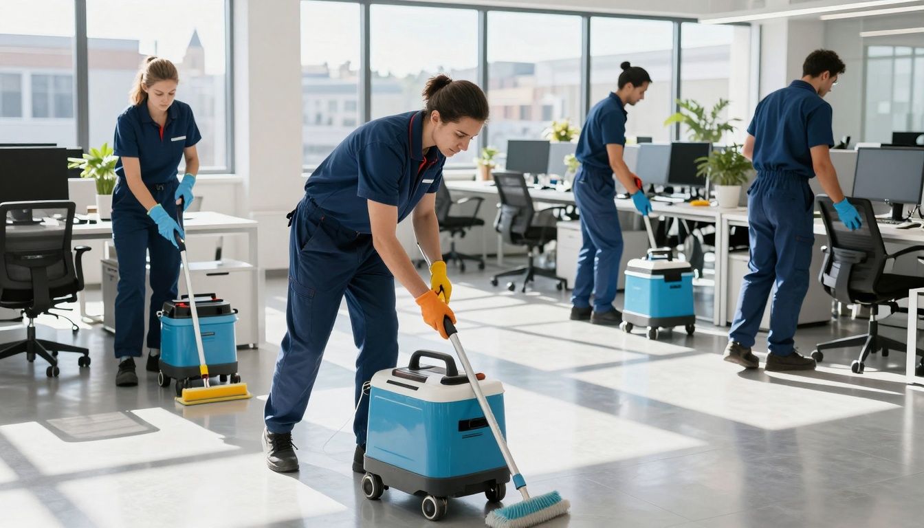 Marseille cleaning team working in a bright, modern office.
