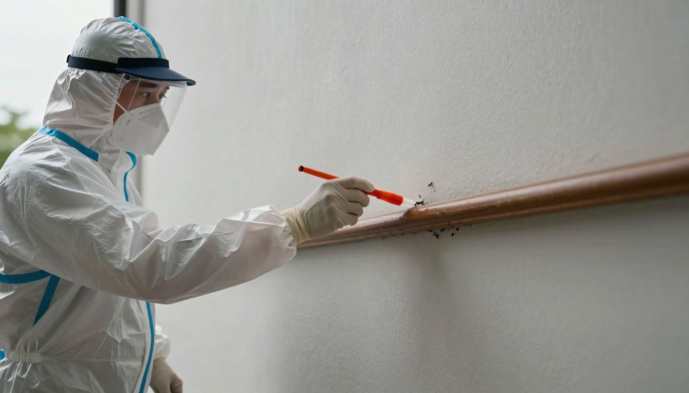 Professional applying ant gel bait treatment near a wall.