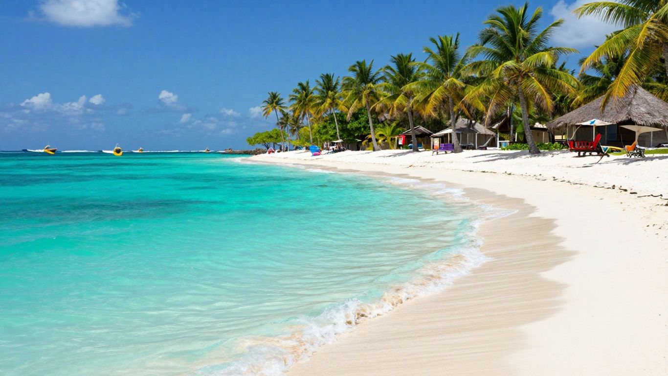 Plage ensoleillée des Antilles avec palmiers et mer turquoise.