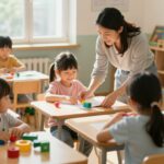 Enfants souriants dans une salle de classe colorée apprenant.