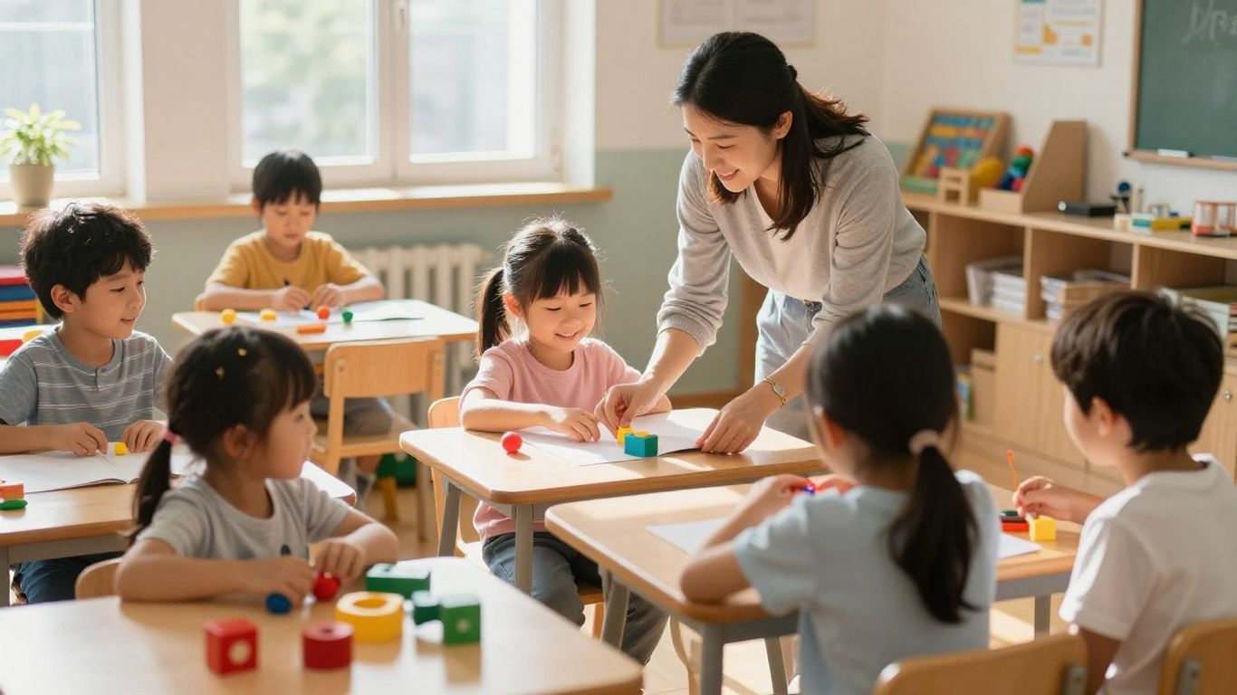 Enfants souriants dans une salle de classe colorée apprenant.