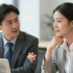 Deux professionnels discutant dans un bureau.