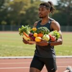 Athlète mangeant des fruits et légumes pour la performance.