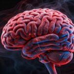 Cerveau humain avec des volutes de fumée sombre et des lignes lumineuses.