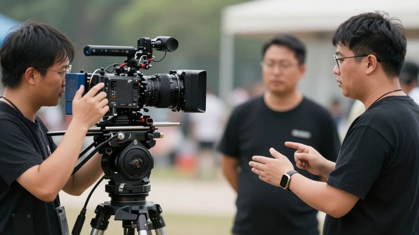 Équipe de tournage en action, caméra et lumières.
